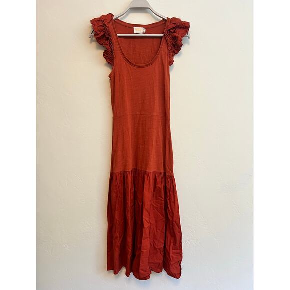 Nation LTD Everleigh Frilly Dress Midi Cayenne Orange Ruffle Sleeve Tiered XS - Picture 1 of 6